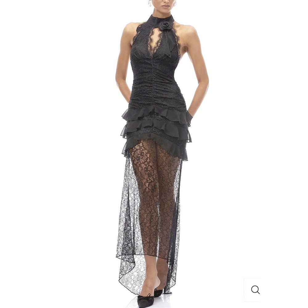 Innovare Denim Black Floral Lace Ruffle Halter Rosette Open Back High Low S NWT